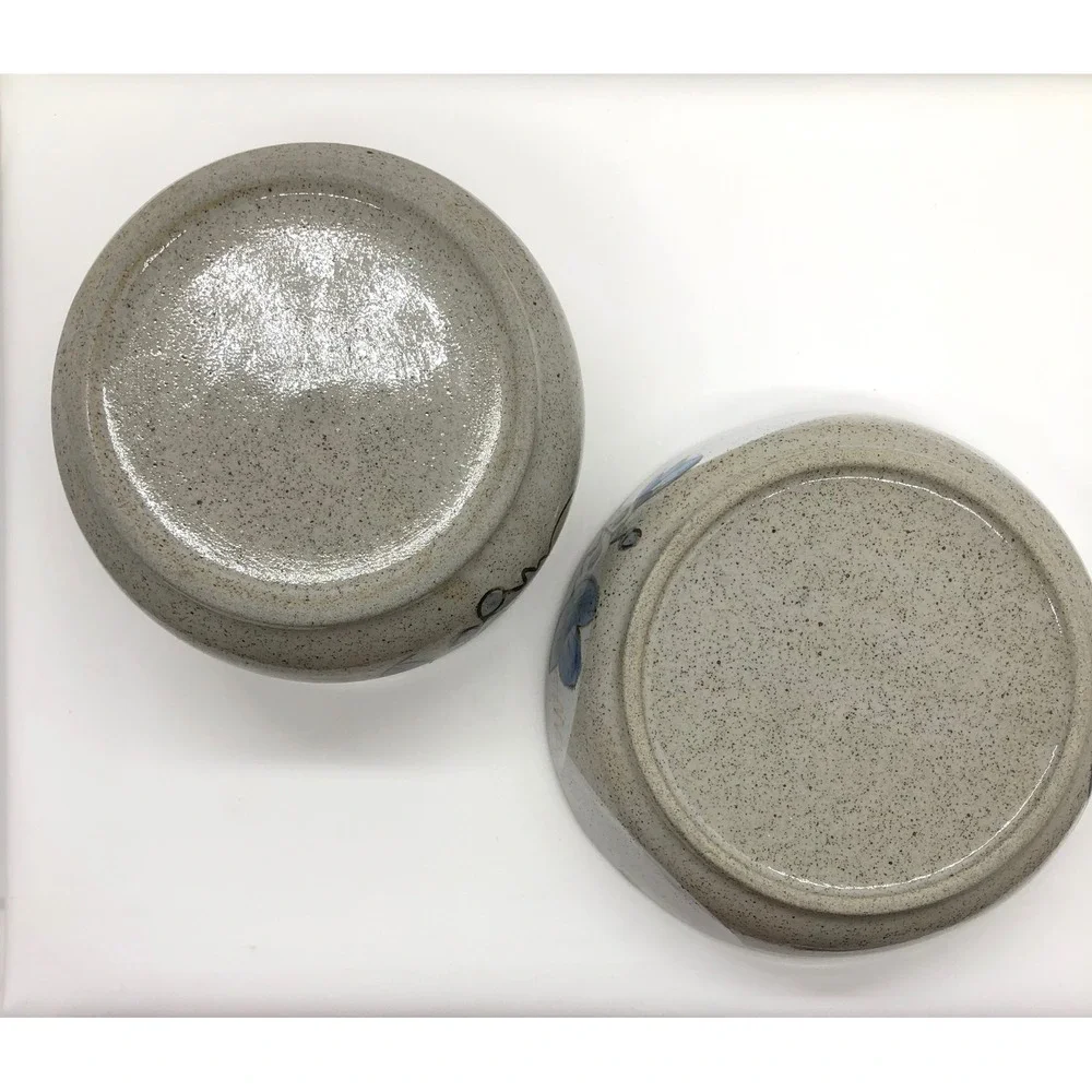 Artisan Stoneware Pottery Set‎ Blue Leaf Speckled Gray Divided Dish & Deep Bowl